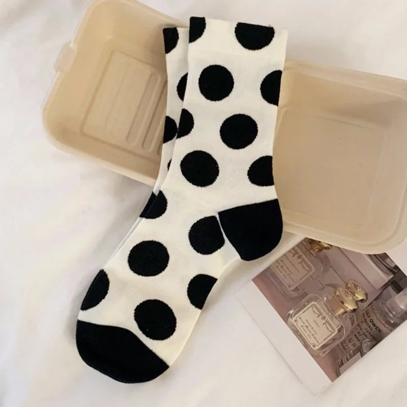 Ladies Socks For Girls Polka Dot Socks Women Black White Cute Kawaii Harajuku Socks Cotton Happy Funny Casual Short Sock Woman