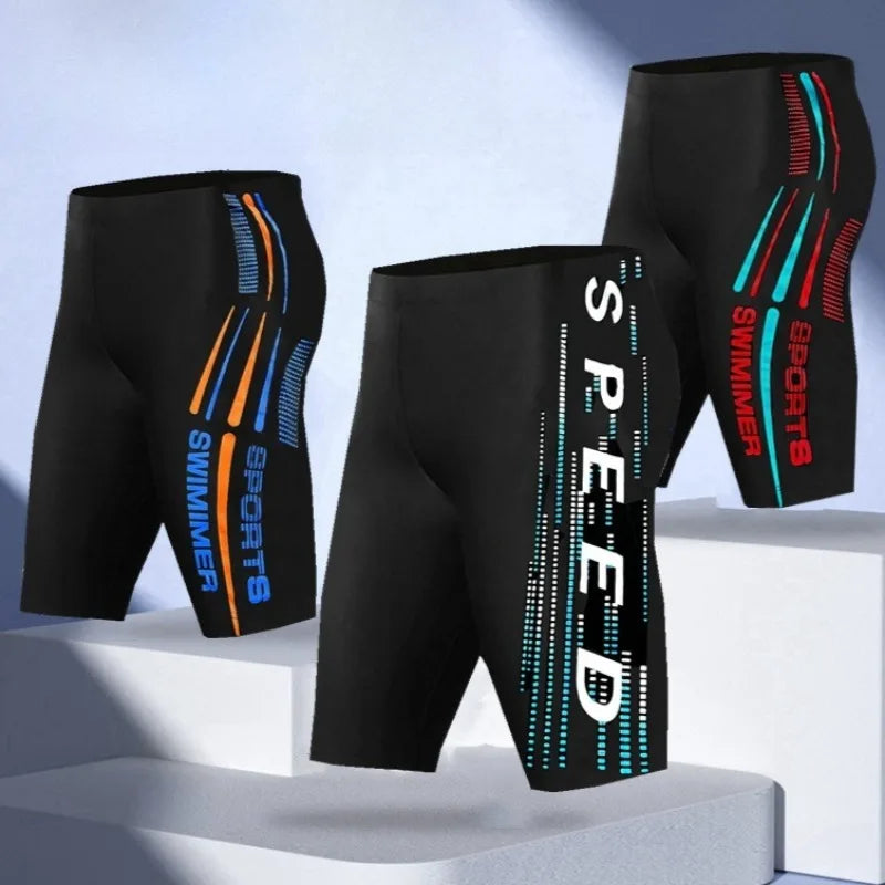 Men Swimming Trunks Elastic Quick Dry Slim Fit Racing Swim Trunks Mid Waist Bathing Boxers Surfing Water Sports Swimming Shorts