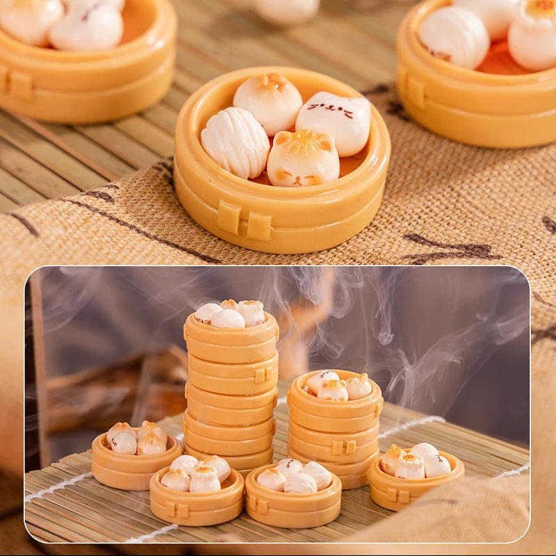 Dollhouse Mini Steamer and Miniature Food Toy Set + Kitchen Steamed Bun Decorations