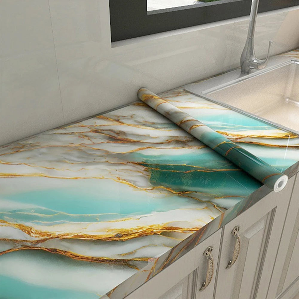 Marble oil resistant 40cm kitchen sticker self-adhesive waterproof cabinet stove top wallpaper desktop bathroom decoration