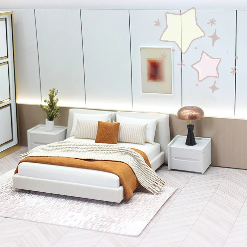 Dollhouse Cream Color Double Bed Model For Bedroom Micro Landscape Scene Miniature Furniture Doll Accessories