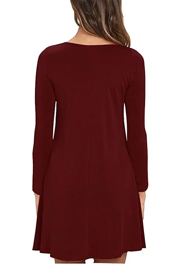 Women's Clothing New Autumn Winter Dress Solid Color Round Neck Swing Pocket Swing