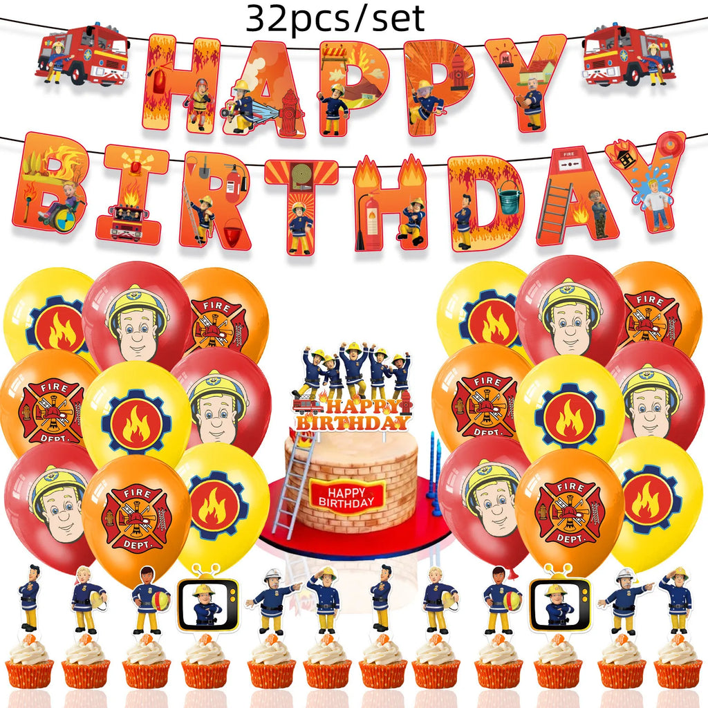 Fireman Sam Party Supplies Disposable Tableware Set Paper Plates Cups Tablecloth Fire Truck Birthday Party Decor Boys Baby Showe