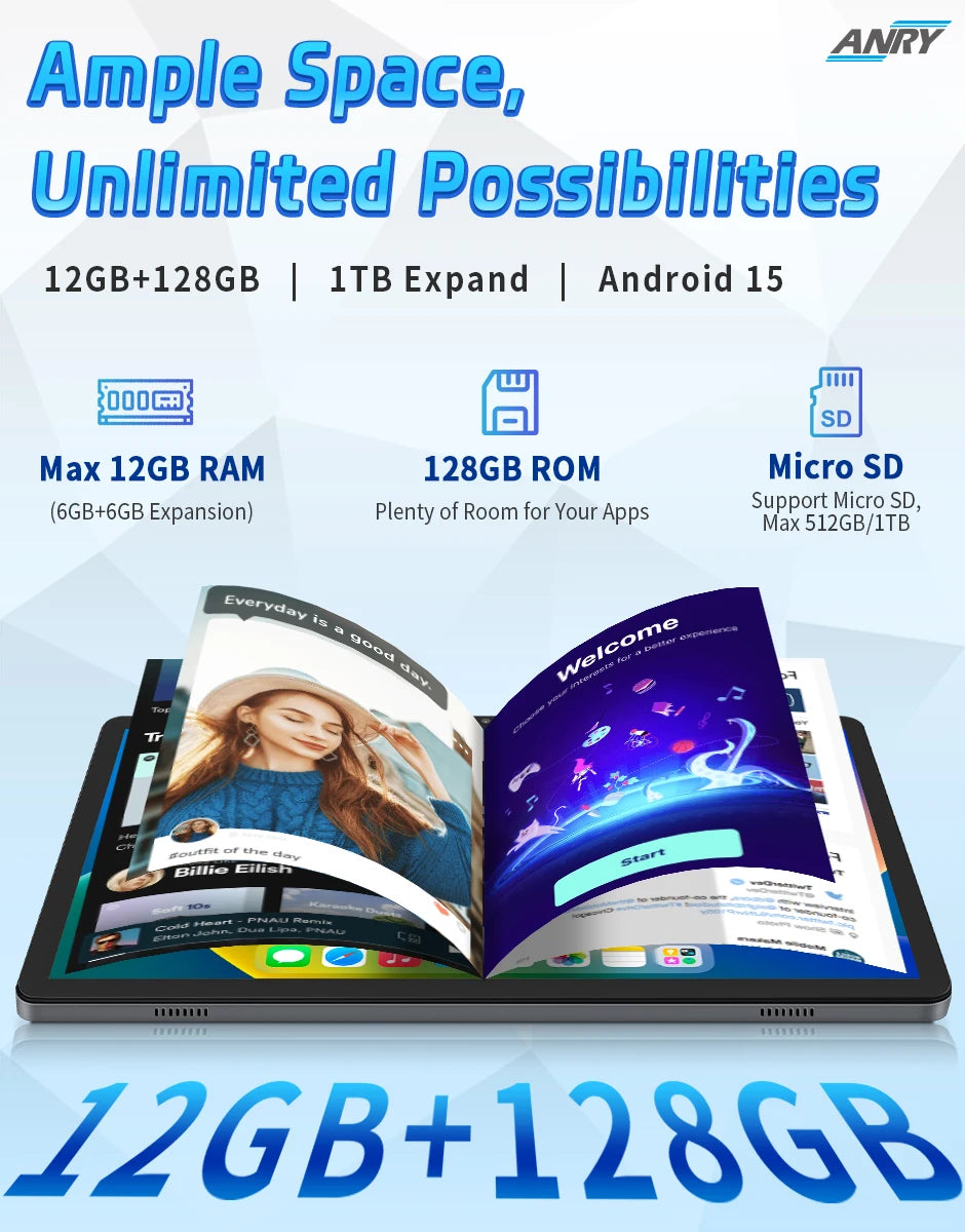 Tablets 10.1Inch Android 15 Tablets 2025 Android Tablets 12GB+128GB, 2 in 1 Tablet with Keyboard, Powerful Octa-Core+13MP Camera