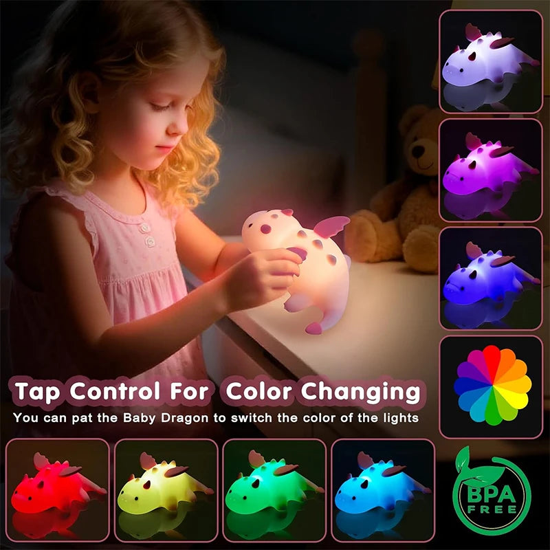 NEW Cute Dragon Night Light Rechargeable 8 Colors Dimmable Silicone Night Lamp Magnetic Base & Timer for Home Decor Gift