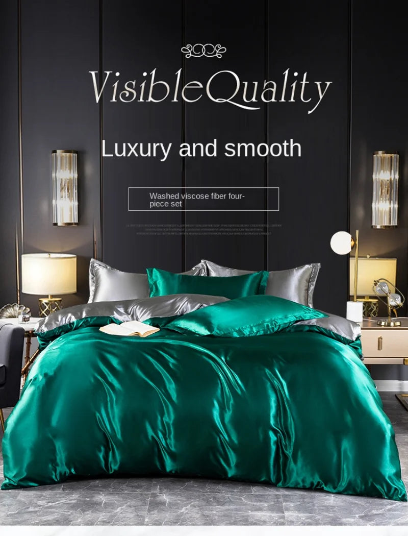 A/B Double-Sided Color Bedding Set Silky Satin Duvet Cover Bed Sheet Pillowcase Luxury Bedsheet King Queen Double Twin Size