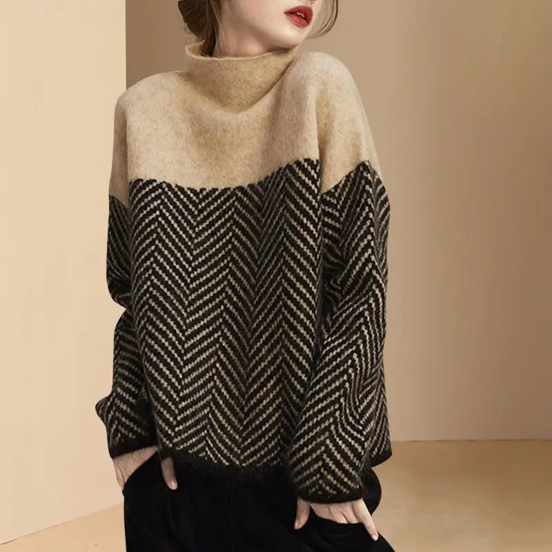Women's Clothing Contrast Color High-neck Knitted Pullover Sweater for Women Autumn Winter Casual Temperament Loose Slimming Top