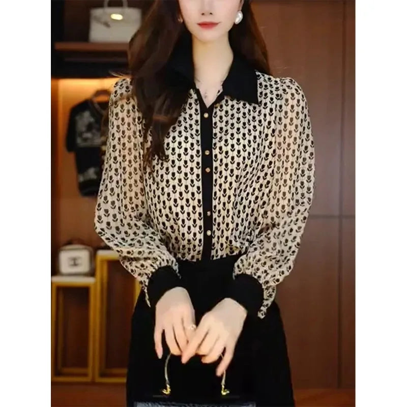 Women's Clothing Retro Floral Shirt Slimming Versatile for Spring and Summer Blouses