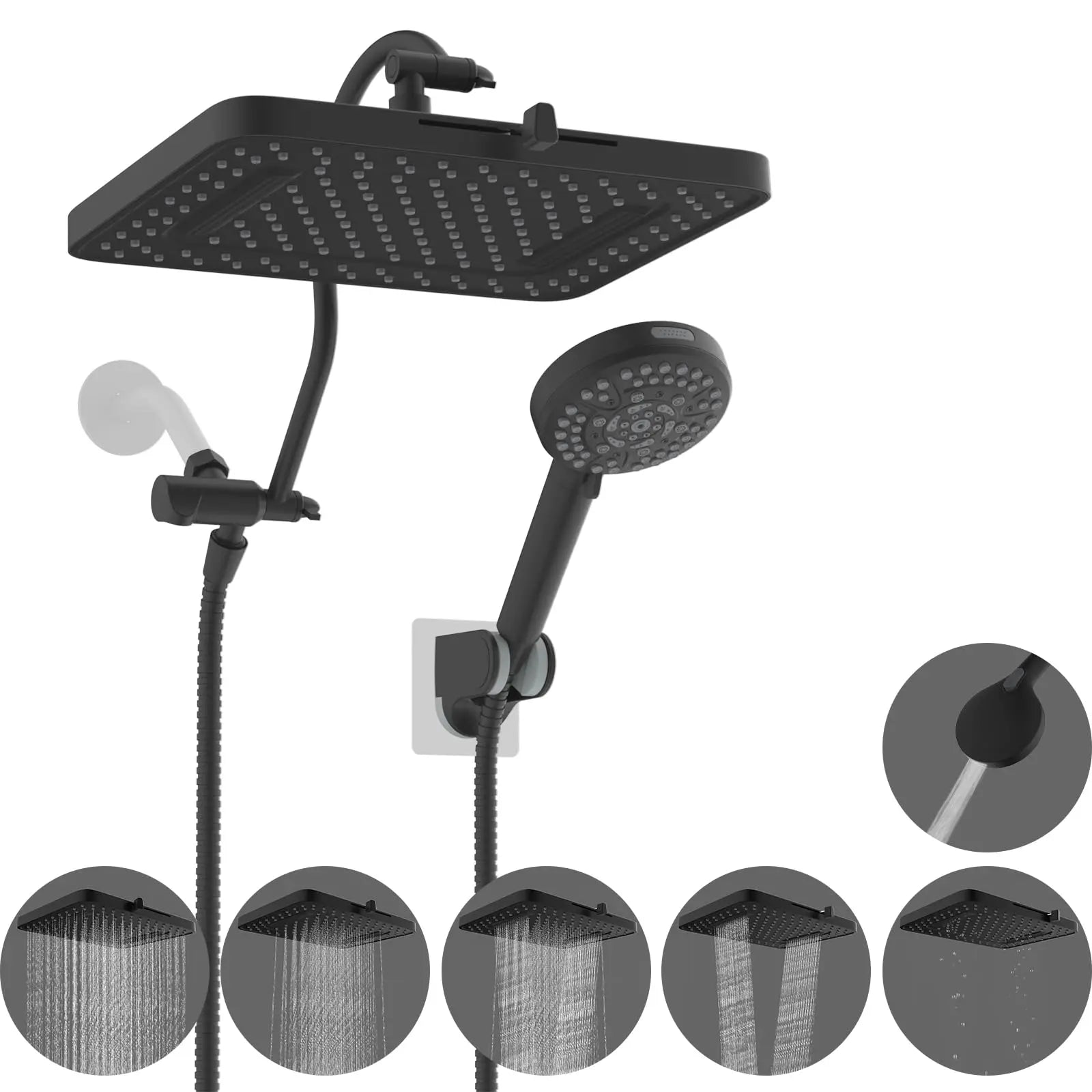 Upgraded 5-spray 13'' Shower Head, High Pressure Rainfall Shower Head, Dual Showerhead Combo with 10-mode Handheld Spray