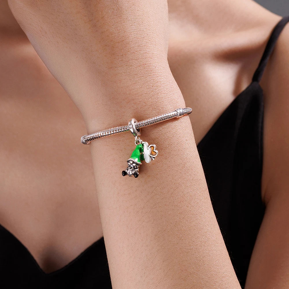 Saint Patrick's Day 925 Sterling Silver Green Hat Elf Dwarf Pendant Fit Women Bracelet DIY Fine Jewelry Valentine's Day Gift