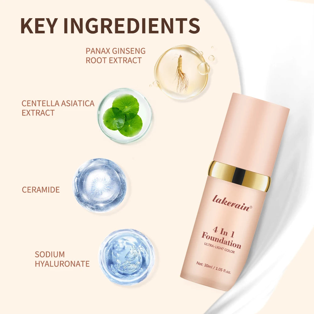 Foundation 4 in 1 - Medium Spectrum with SPF 30+, Longwearing & Waterproof Hydrating Color Changing Foundation Women Cosmetics
