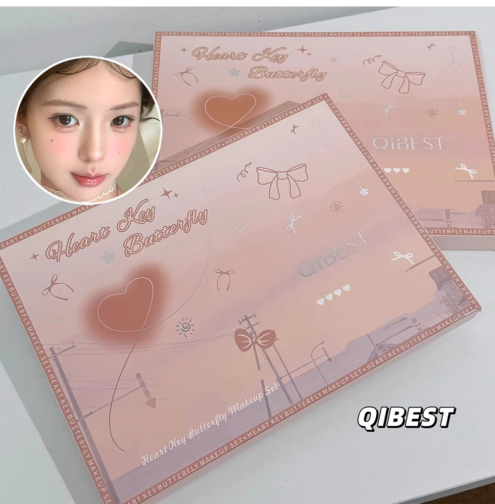 QIBEST Face Makeup Set 4pc Double End Lip Glaze, Pressed Powder,Blush,Eyeshadow, Eyebrow Pen,Eyeliner,Lip Oil Gift Cosmetics