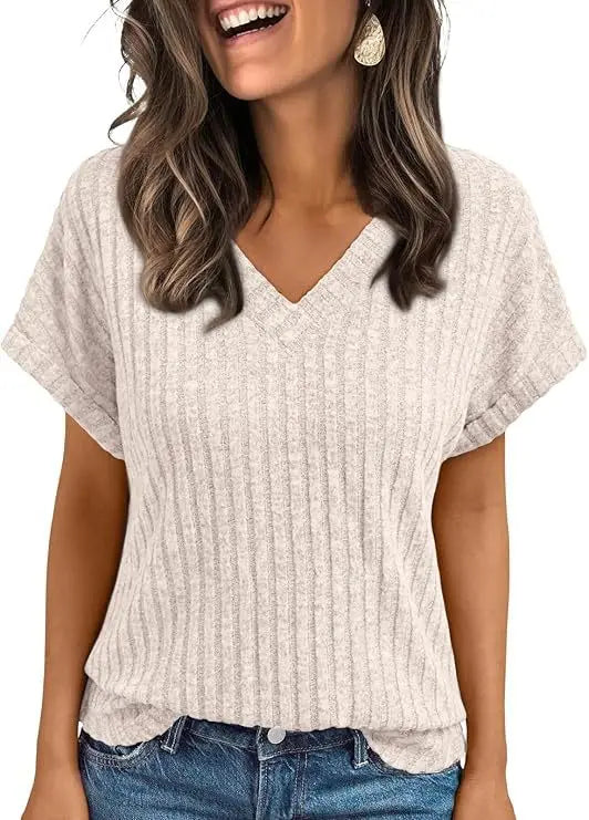 Women's Clothing Europe America All-match Knit T-shirt Summer 2025 New Casual Loose V-neck Short Sleeve Pullover Lady Solid Tops