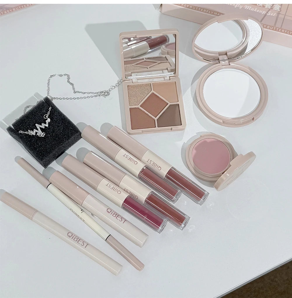QIBEST Face Makeup Set 4pc Double End Lip Glaze, Pressed Powder,Blush,Eyeshadow, Eyebrow Pen,Eyeliner,Lip Oil Gift Cosmetics