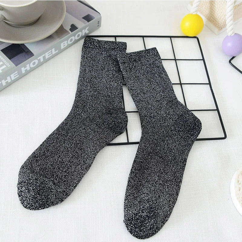 Women's Socks Spring  Japanese-style Gold Silver Thread Socks Solid Color Thin Breathable Mid-calf For Girl Funny Fashion Simple