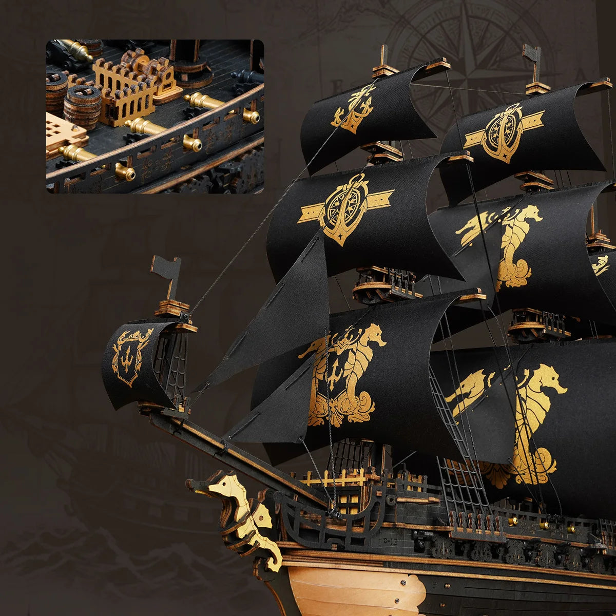 Robotime ROKR The Seahorse Barque Pre-colored Baroque-era Warship for Adult Gifts for Family Building Block Kit 3D Wooden Puzzle