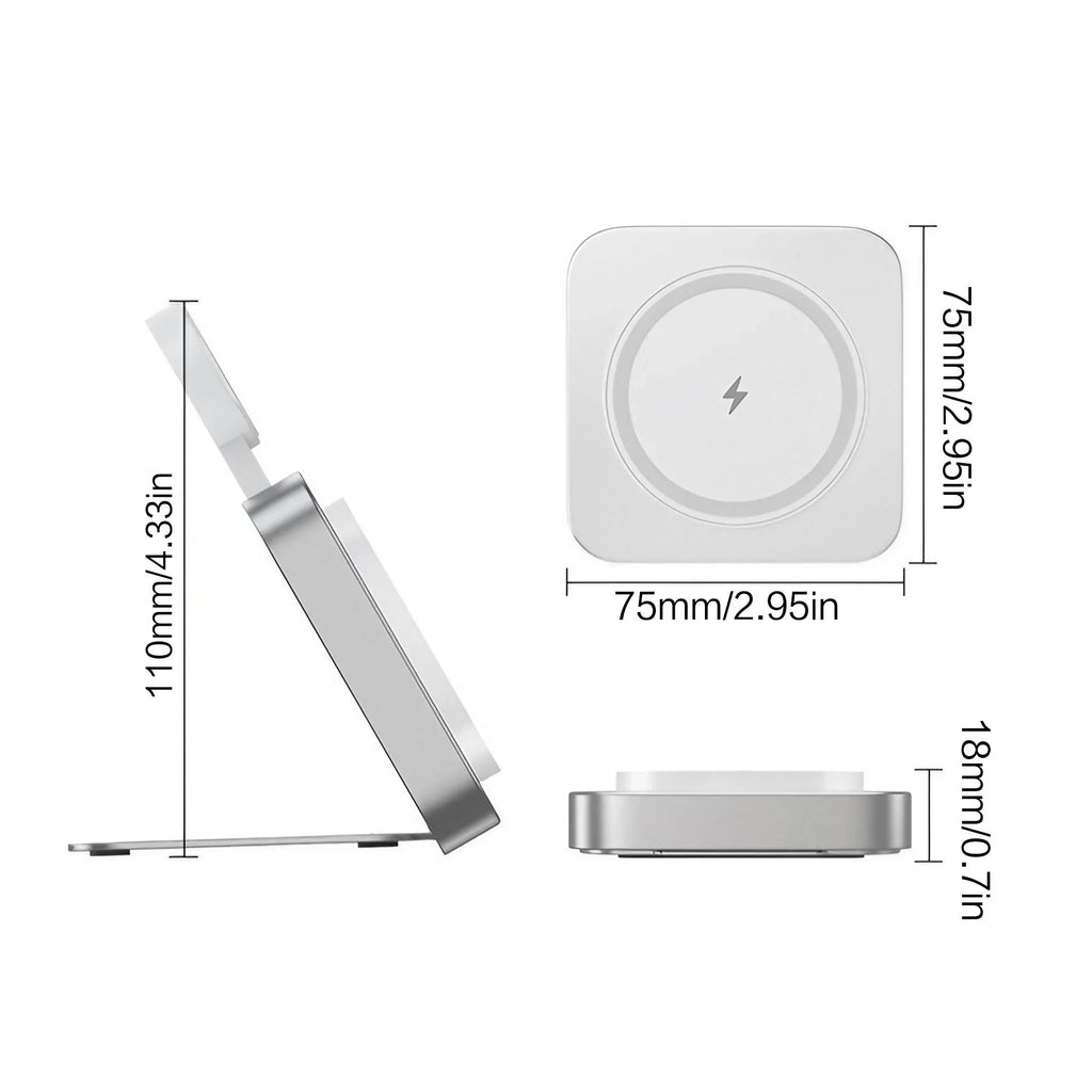 15W Fast Wireless Charger Magnetic 2 in 1 Foldable Wireless Charging Station Fast Charging Phone Stand Portable Aluminum Magneti