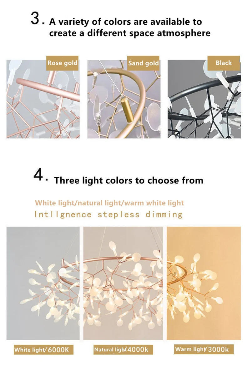 Nordic LED Firefly Ceiling Chandelier Modern Living Dining Room Pendant Lamp Bedroom Hanging Light Lustre Home Decor Fixture2023