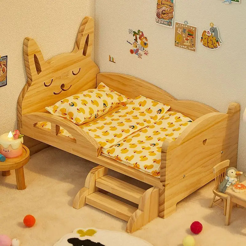 for Labubu Cotton Doll Bed 30cm Princess Style Furniture Set for Imaginary Play Baby Doll Bedding Two-Piece Wooden Baby Bed Toy