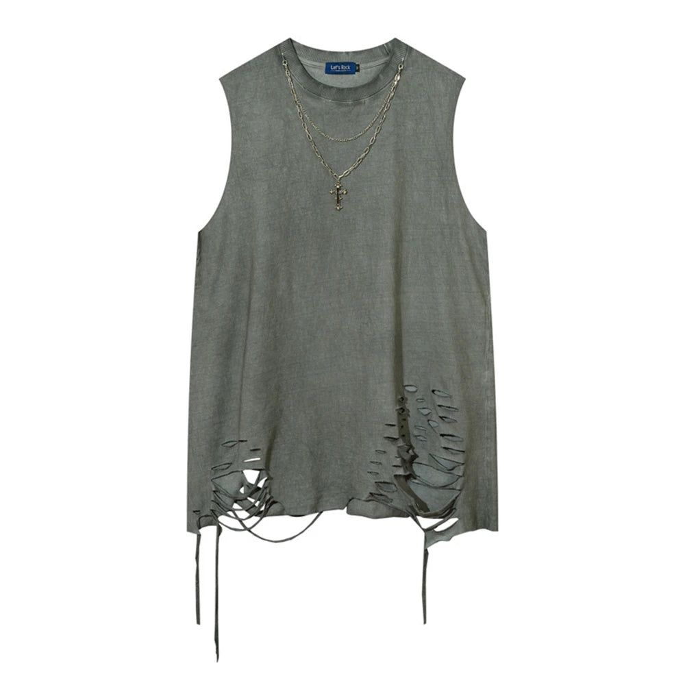 Hip Hop Tank Tops Men's Vintage Washed Sleeveless T-Shirt Hole Harajuku Dancing Breathable Tops with Necklace Streetwear
