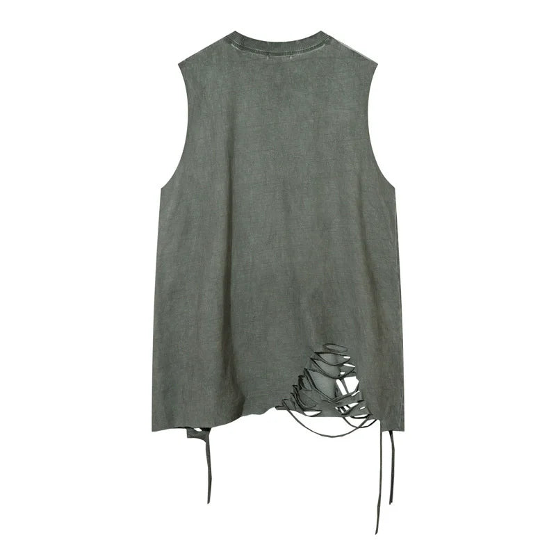 Hip Hop Tank Tops Men's Vintage Washed Sleeveless T-Shirt Hole Harajuku Dancing Breathable Tops with Necklace Streetwear