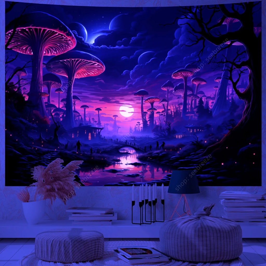 Fantasy Mushroom UV Reactive Tapestry Beautiful Floral Plant Tapestry Wall Hanging Gothic Home Wall Decor Room Decor Aesthetic