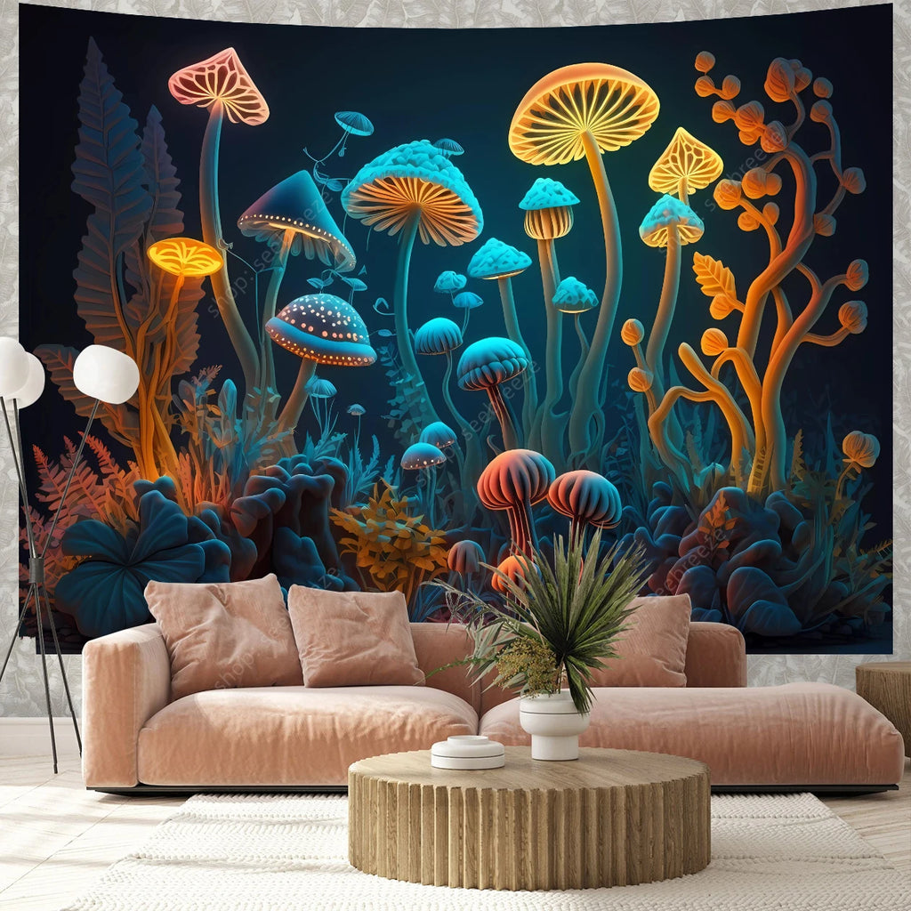 Fantasy Mushroom UV Reactive Tapestry Beautiful Floral Plant Tapestry Wall Hanging Gothic Home Wall Decor Room Decor Aesthetic