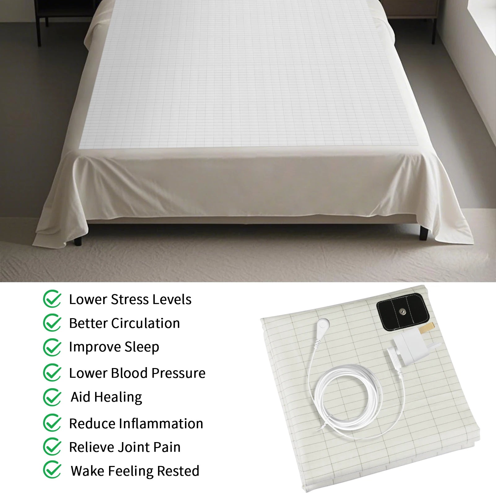 Grounding Bed Sheet Grounding Mat Earthing UK/USA/EU Plug with 10%Silver Fiber & 90%Organic Cotton Earth Energy Mat for Healthy