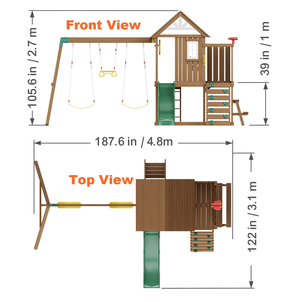 SucceBuy Wooden Swing Set 9/10 IN 1 Outdoor Playground Sets for Backyards 2 Swings Trapeze Bar 6 FT Slide Large Upper Fort