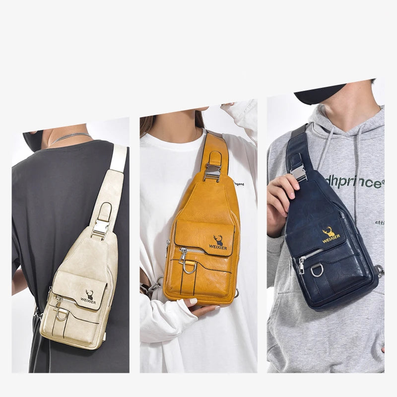 New PU Leather Crossbody Bag Vintage Casual Chest Bag Men Women Large Capacity Waterproof Sling Bag Simple Business Shoulder Bag