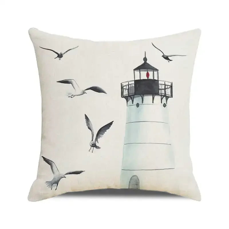 Throw Pillow Cover Watercolor Lighthouse Navigation Ocean Seagull Boat Home Sofa Cushion Cover Home Decor Pillowcase 40x40 Cm