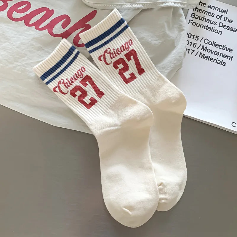 5 pairs of sports socks for women in autumn winter with striped letters sweat absorbing odor proof retro women's socks