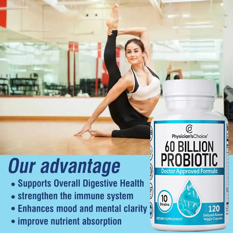 Probiotics 60 Billion CFU - 10 Strains + Organic Prebiotics, Immune, Digestive, Gut Health, Supports Constipation, Gas, Bloating