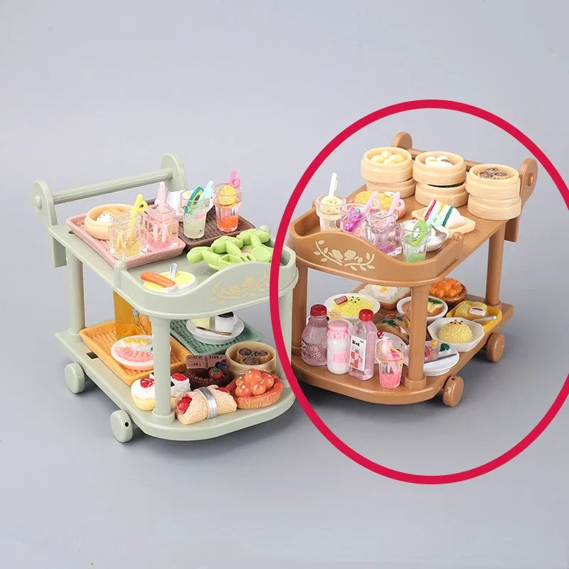 Dollhouse Food Carts Trolley with Mini Food 1set Dinnerware Drink Miniature House Toy Kitchen Scene Doll Accessories Home Decor