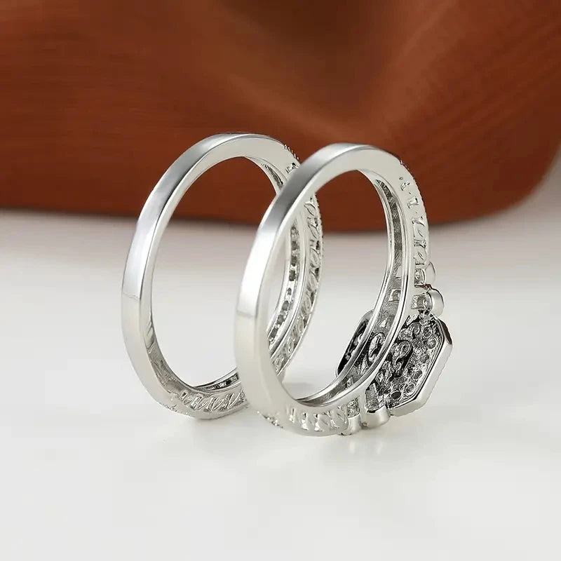 Huitan Vintage Black/White Cubic Zircon 2Pcs Set Rings for Women Anniversary Party Temperament Elegant Lady Accessories Jewelry