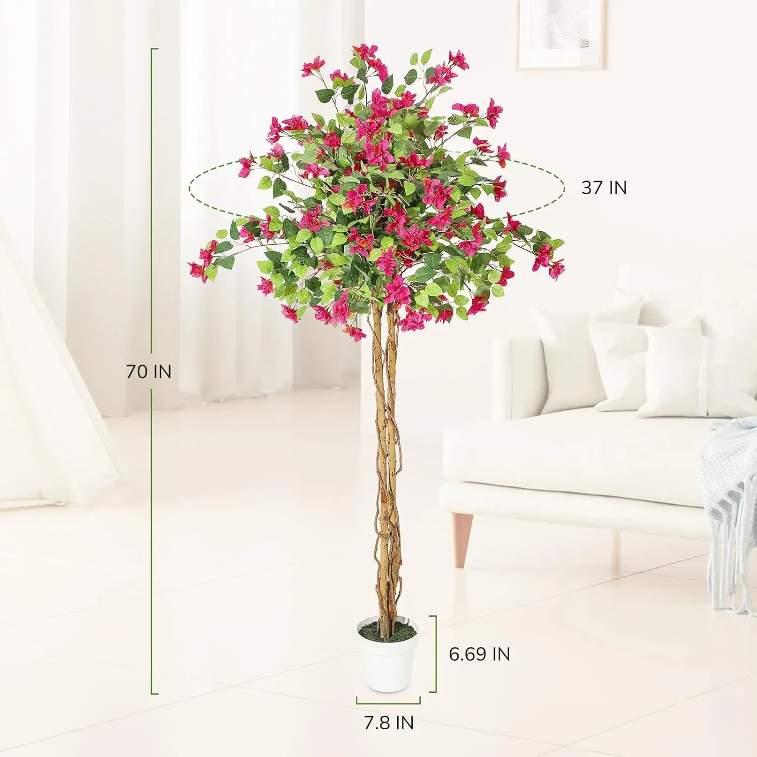 Artificial Bougainvillea Tree, Tall Potted Lifelike Tree Indoor, Faux Tree with Wood Trunk and Pink Flowers for Outdoor