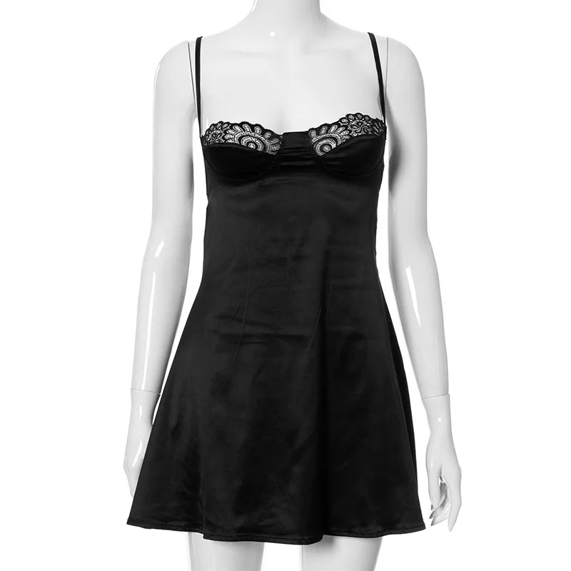 European and American women's clothing 2025 summer new solid color backless camisole lace lace casual short dress
