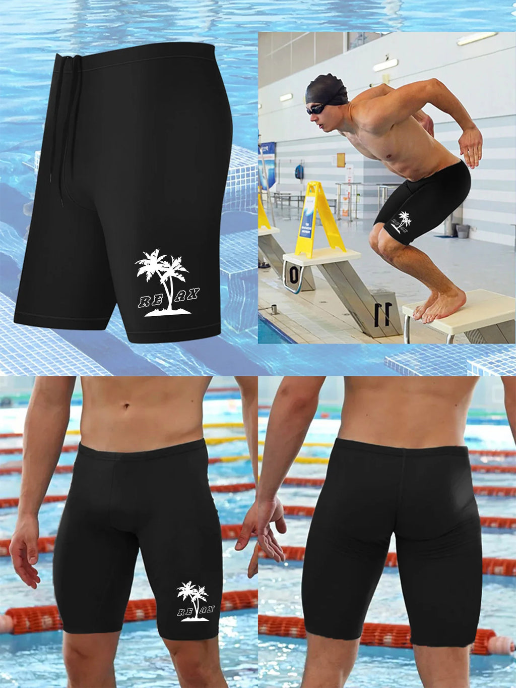 Mens Printed Swimming Trunks with Aadjustable Drawstring ,Quick Dry Sports Swim Wear Black for Gym Swim