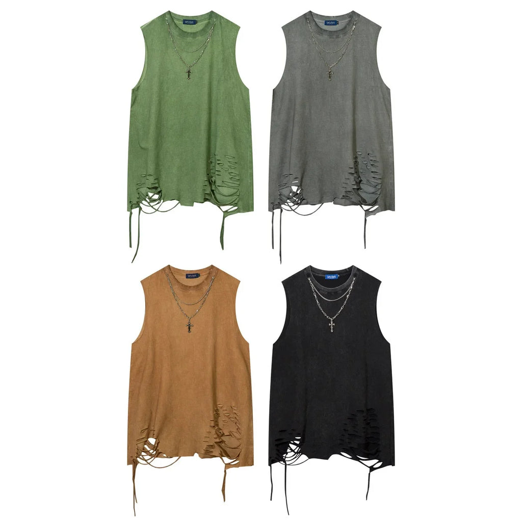 Hip Hop Tank Tops Men's Vintage Washed Sleeveless T-Shirt Hole Harajuku Dancing Breathable Tops with Necklace Streetwear