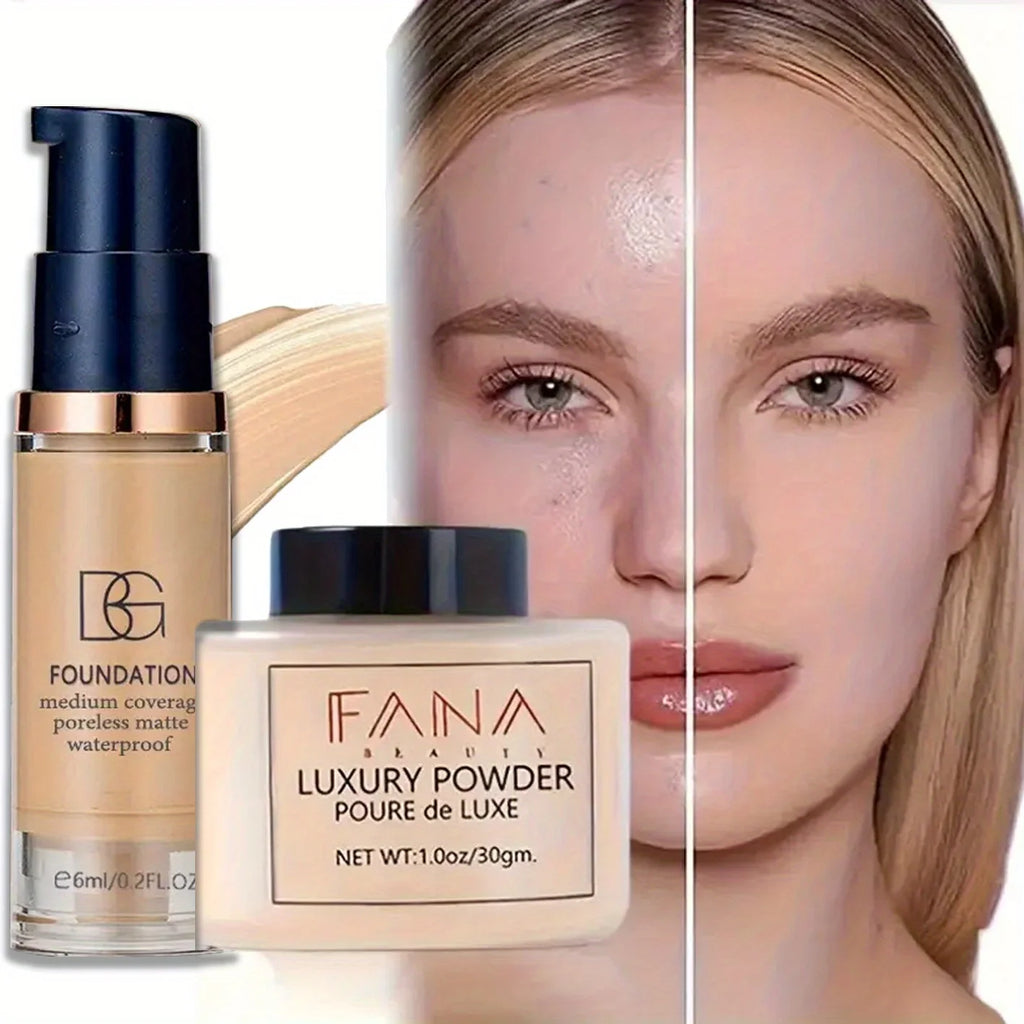 3 Pcs/Set Full Coverage Foundation with Oil-Control Powder and Puff - Waterproof Travel Set Easily Creating Everyday Looks
