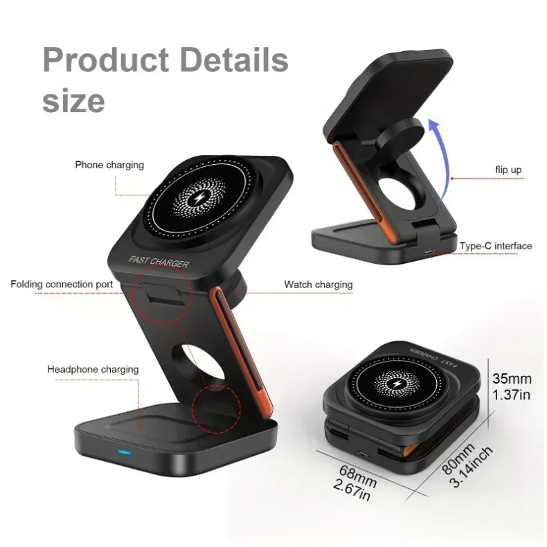 3 in 1 Fast Charging Station Foldable Magnetic Wireless Charger Stand for iPhone 17 16 15 14 13 12 iWatch 10-2 Airpods Pro Max