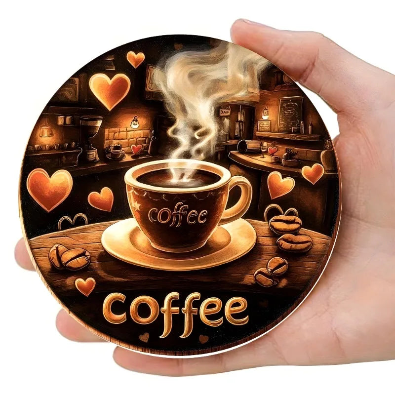 Coaster Set of 6 - Vintage Coffee Lovers Handcrafted Reclaimed Wood with Romantic Heart & Coffee Bean Art, Valentine's Day Gift
