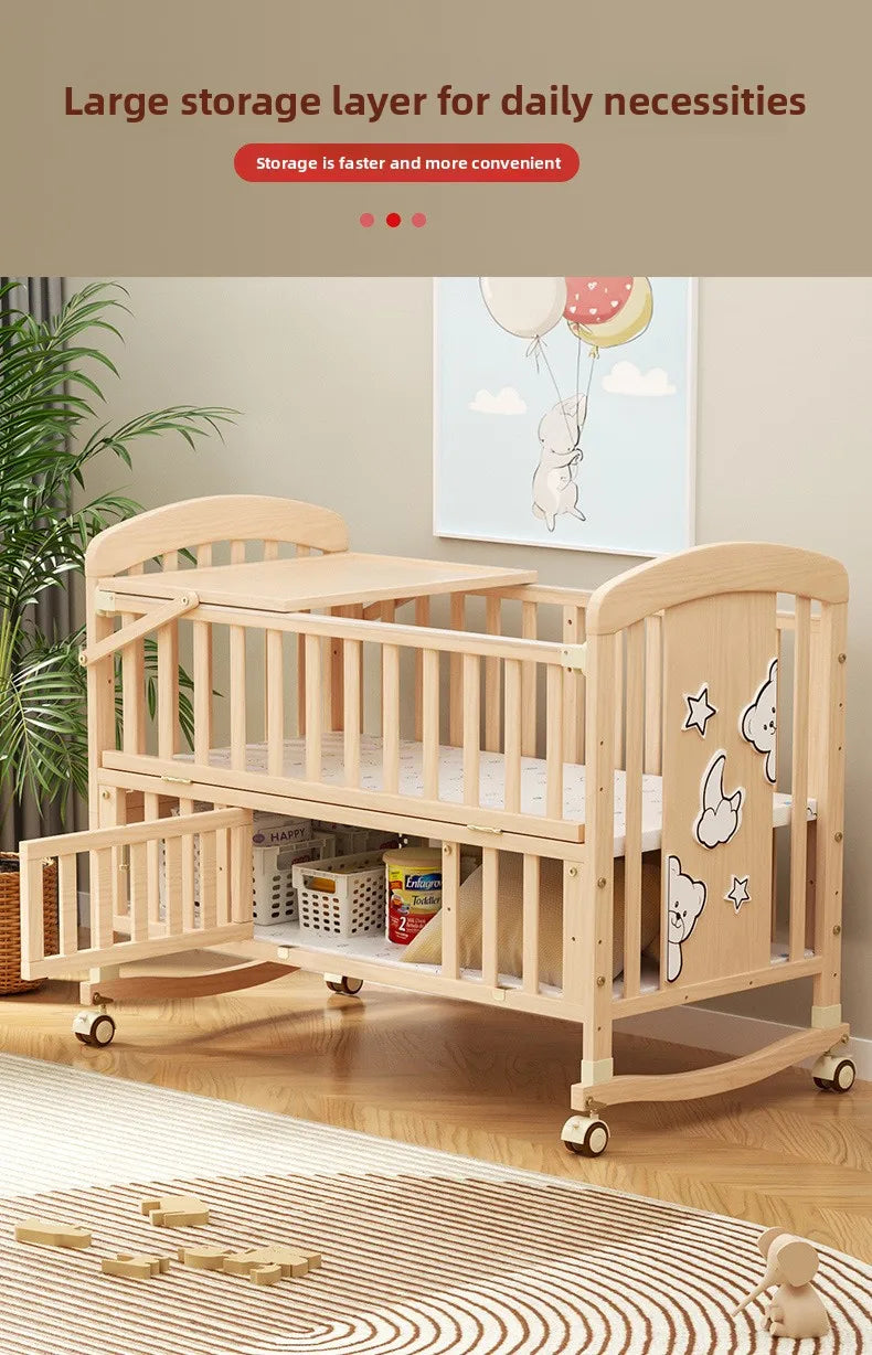 Baby Comfortable Sleeping Bed Solid Wood Newborn Baby Bed Multifunctional Baby Rocking Bed with Wheels and mosquito net