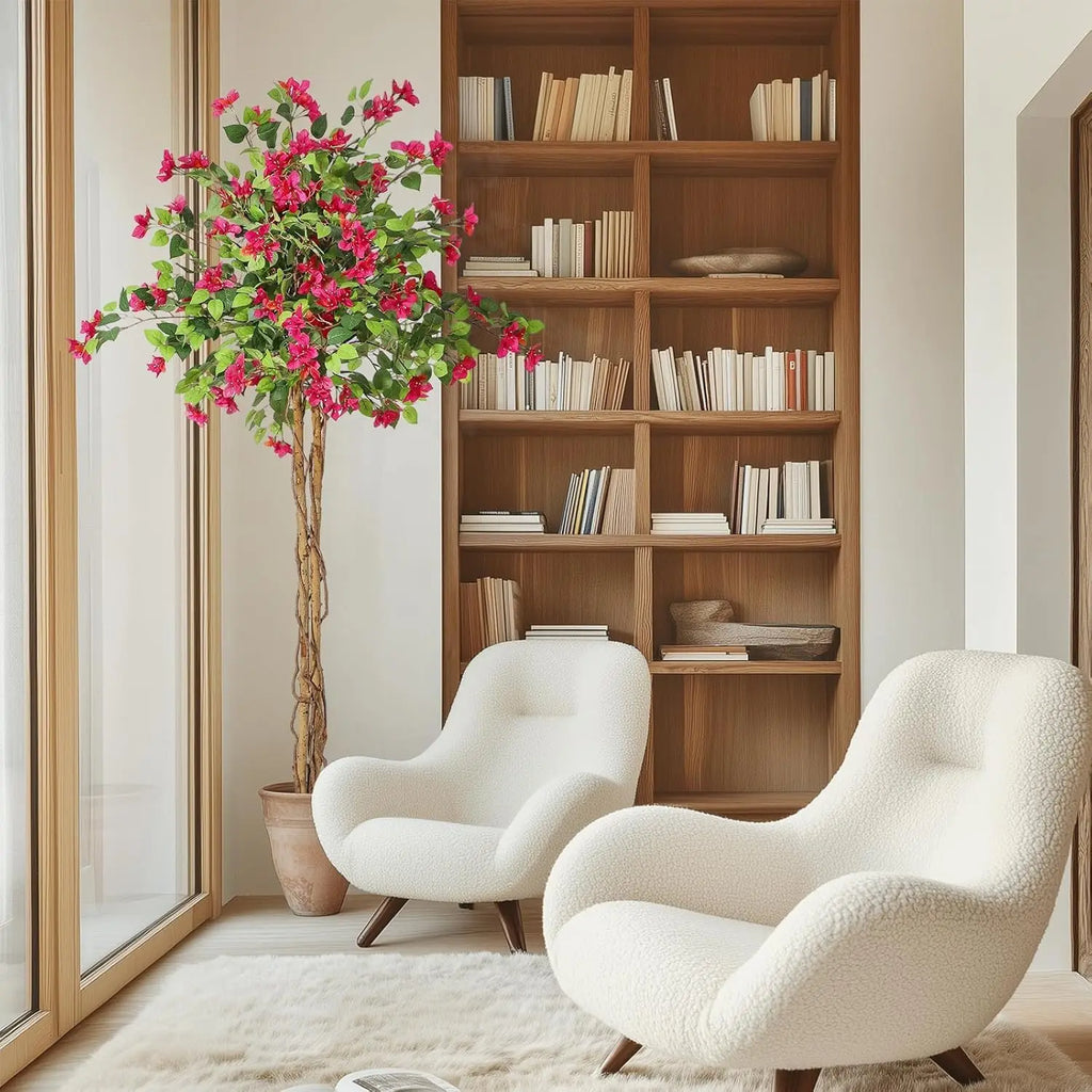 Artificial Bougainvillea Tree, Tall Potted Lifelike Tree Indoor, Faux Tree with Wood Trunk and Pink Flowers for Outdoor
