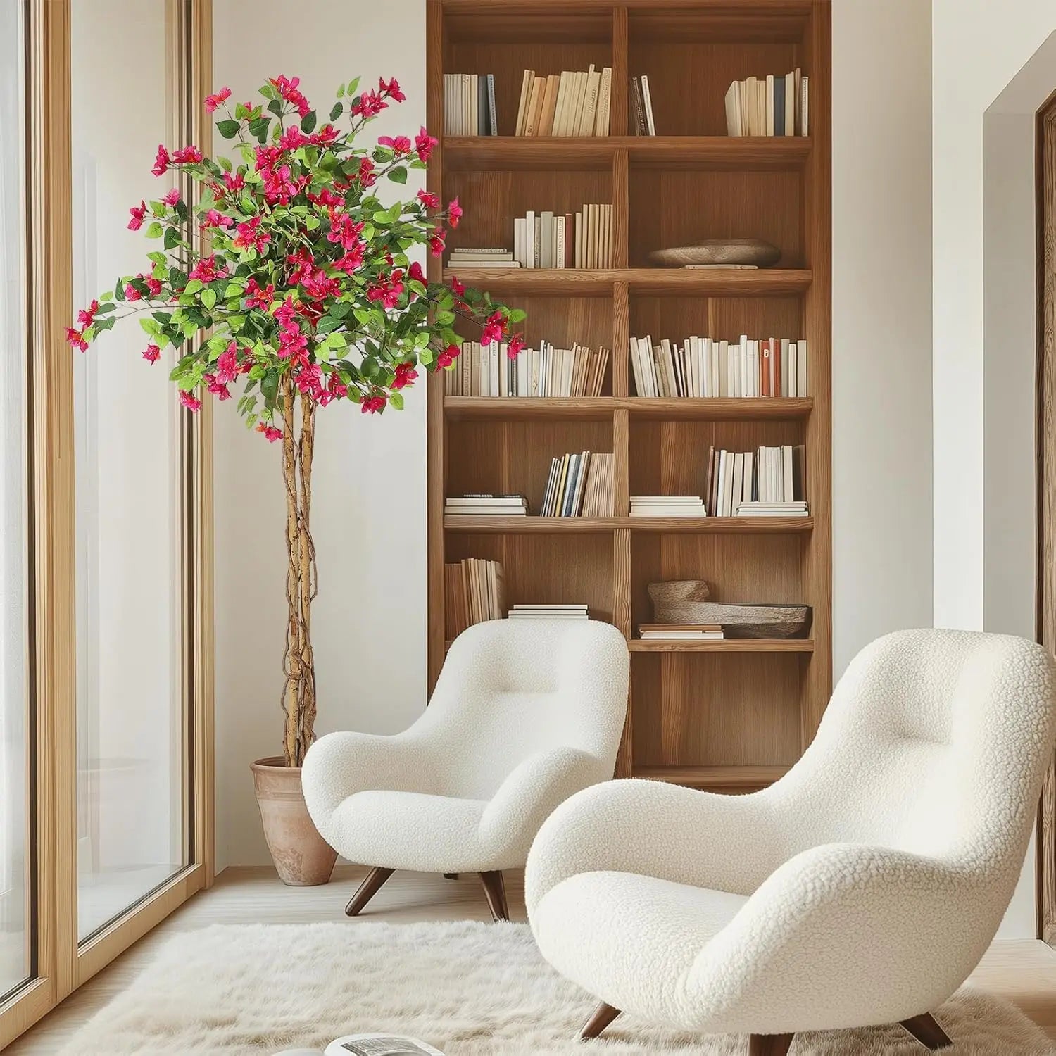 Artificial Bougainvillea Tree, Tall Potted Lifelike Tree Indoor, Faux Tree with Wood Trunk and Pink Flowers for Outdoor