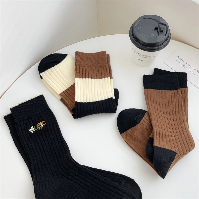 Socks For Women New Fashion Autumn Striped Cotton Long Socks Breathable Soft Korean Style Cute Embroidery Girls Casual Comfort