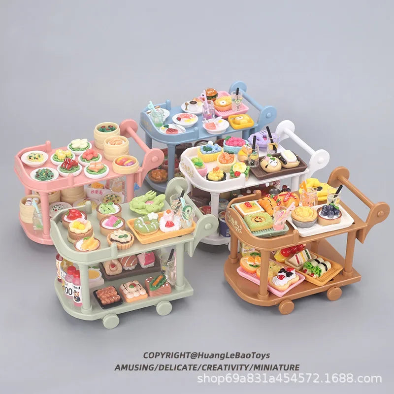 Dollhouse Food Carts Trolley with Mini Food 1set Dinnerware Drink Miniature House Toy Kitchen Scene Doll Accessories Home Decor