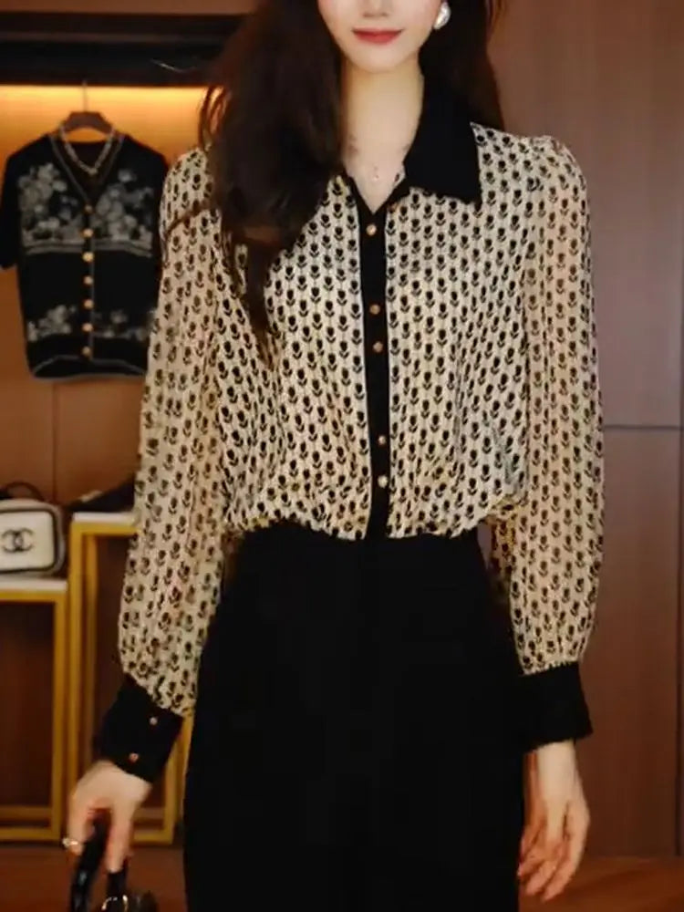 Women's Clothing Retro Floral Shirt Slimming Versatile for Spring and Summer Blouses