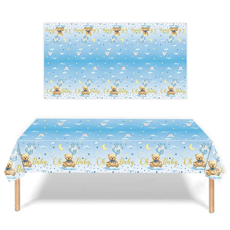 Cute Bear Disposable Tablecloth Blue Oh Baby Table Cover Boy Girl Baby Shower Party Decoration Kids Birthday Cartoon Tablecloth