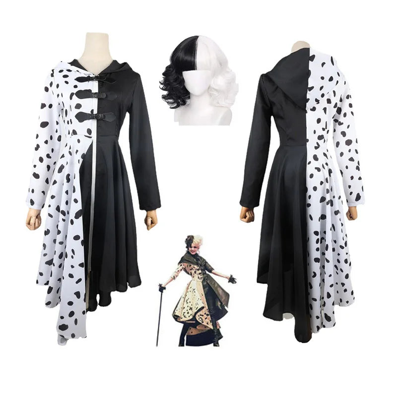 Movie Cruella Cosplay Costume Dress Outfit Cloak With Gloves Carnival Suit Cruella De  Vil Costume For Adult Party Uniform Suit